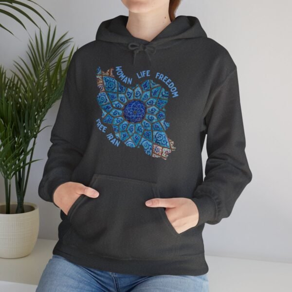 Woman Life Freedom Artwork | Persian Minakari Blue Hoodie - Image 13