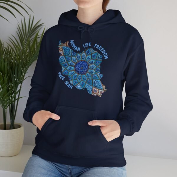 Woman Life Freedom Artwork | Persian Minakari Blue Hoodie - Image 16