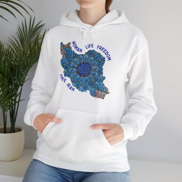 Woman Life Freedom Artwork | Persian Minakari Blue Hoodie - Image 4