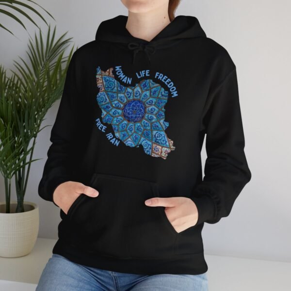 Woman Life Freedom Artwork | Persian Minakari Blue Hoodie - Image 7