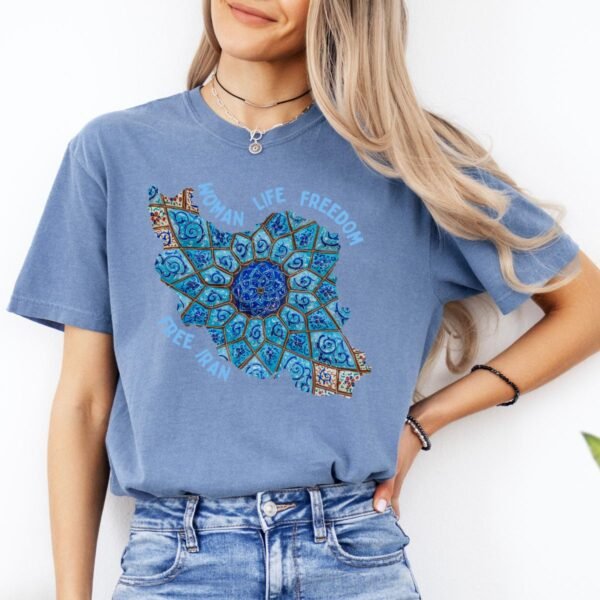 Woman Life Freedom Artwork | Persian Minakari Blue Chic T-Shirt - Image 9