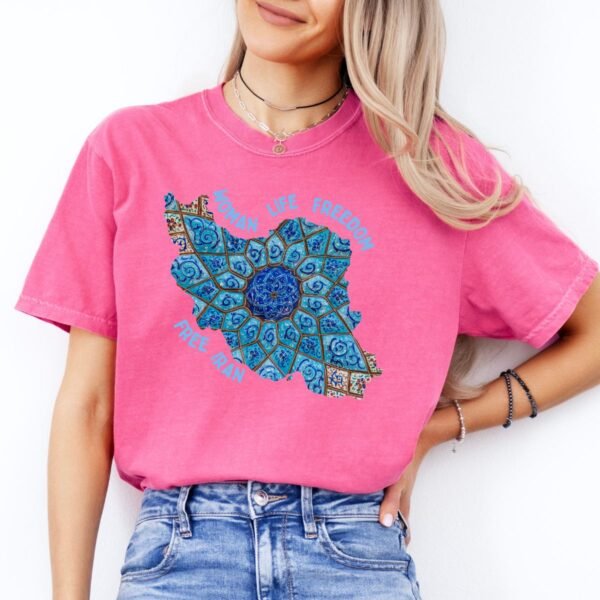 Woman Life Freedom Artwork | Persian Minakari Blue Retro T-Shirt - Image 15