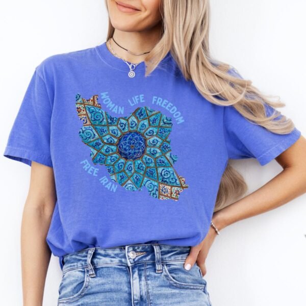 Woman Life Freedom Artwork | Persian Minakari Blue Retro T-Shirt - Image 12