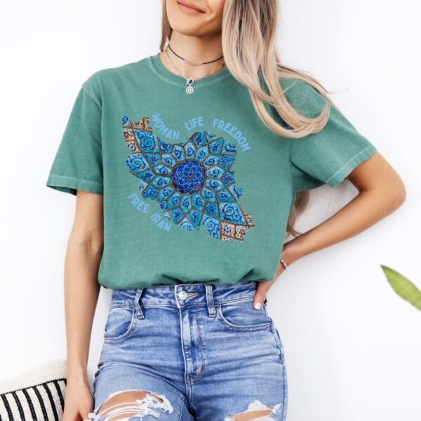Woman Life Freedom Artwork | Persian Minakari Blue Retro T-Shirt - Image 9