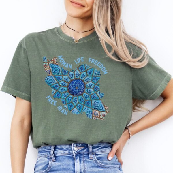 Woman Life Freedom Artwork | Persian Minakari Blue Chic T-Shirt - Image 6