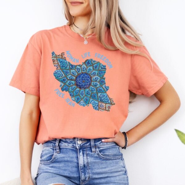 Woman Life Freedom Artwork | Persian Minakari Blue Retro T-Shirt - Image 6