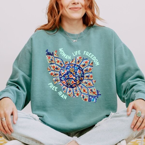 Woman Life Freedom | Persian Art Green Retro Unisex Sweatshirt - Image 4
