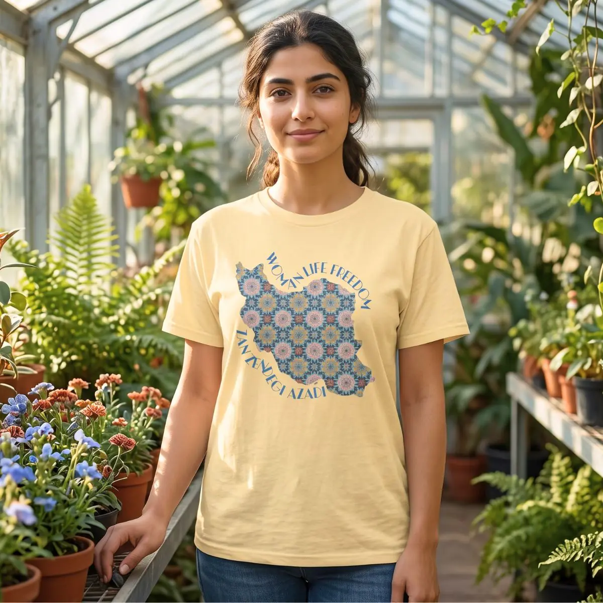 Woman Life Freedom Protest | Flowers Blue Unisex Shirt - Image 5