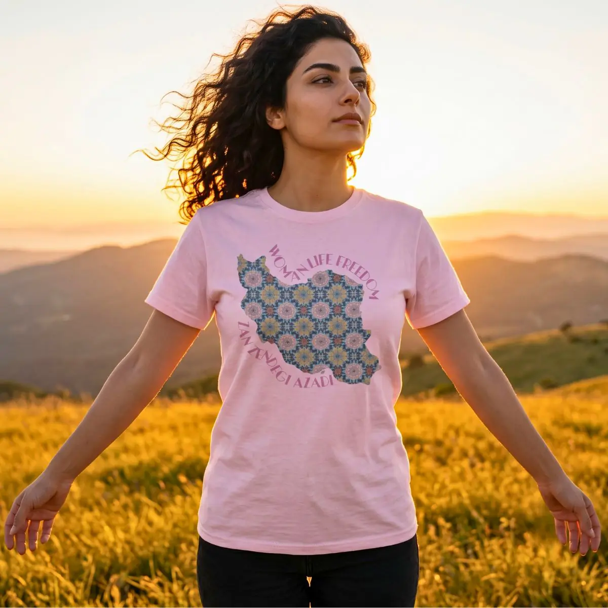 Woman Life Freedom Protest | Flowers Pink Unisex Shirt - Image 7