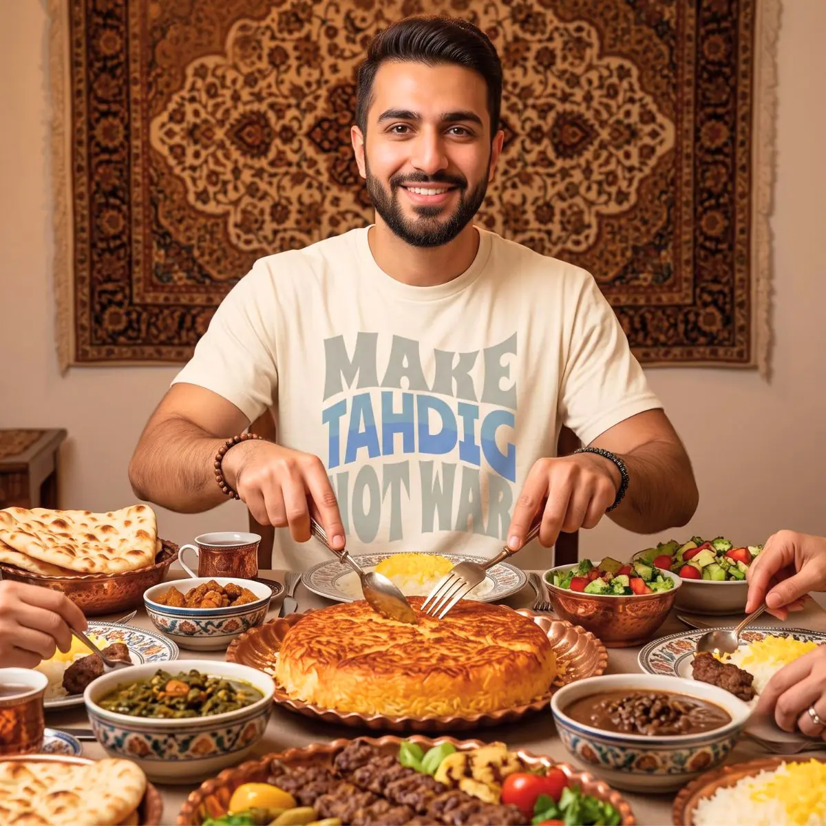 Make Tahdig Not War | Persian Crunchy Rice Cozy Unisex T-Shirt - Image 3