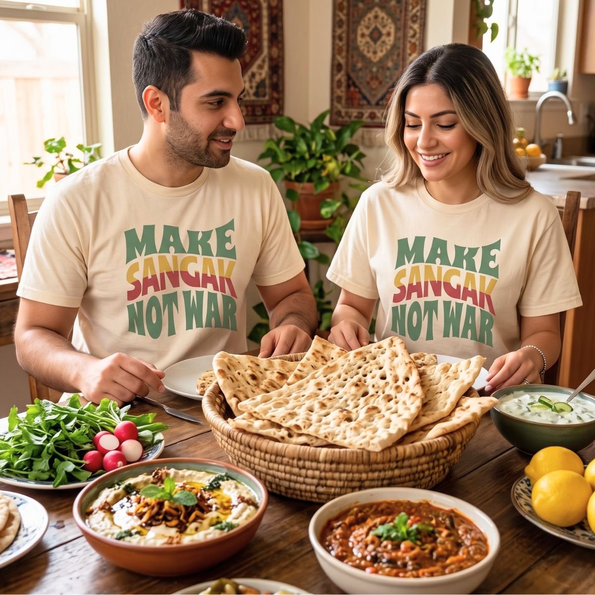 Make Sangak Not War | Persian Pebble Bread Cozy Unisex T-Shirt - Image 3