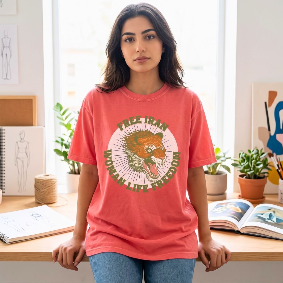Free Iran Protest | Angry Lion Green Retro Unisex Shirt - Image 9